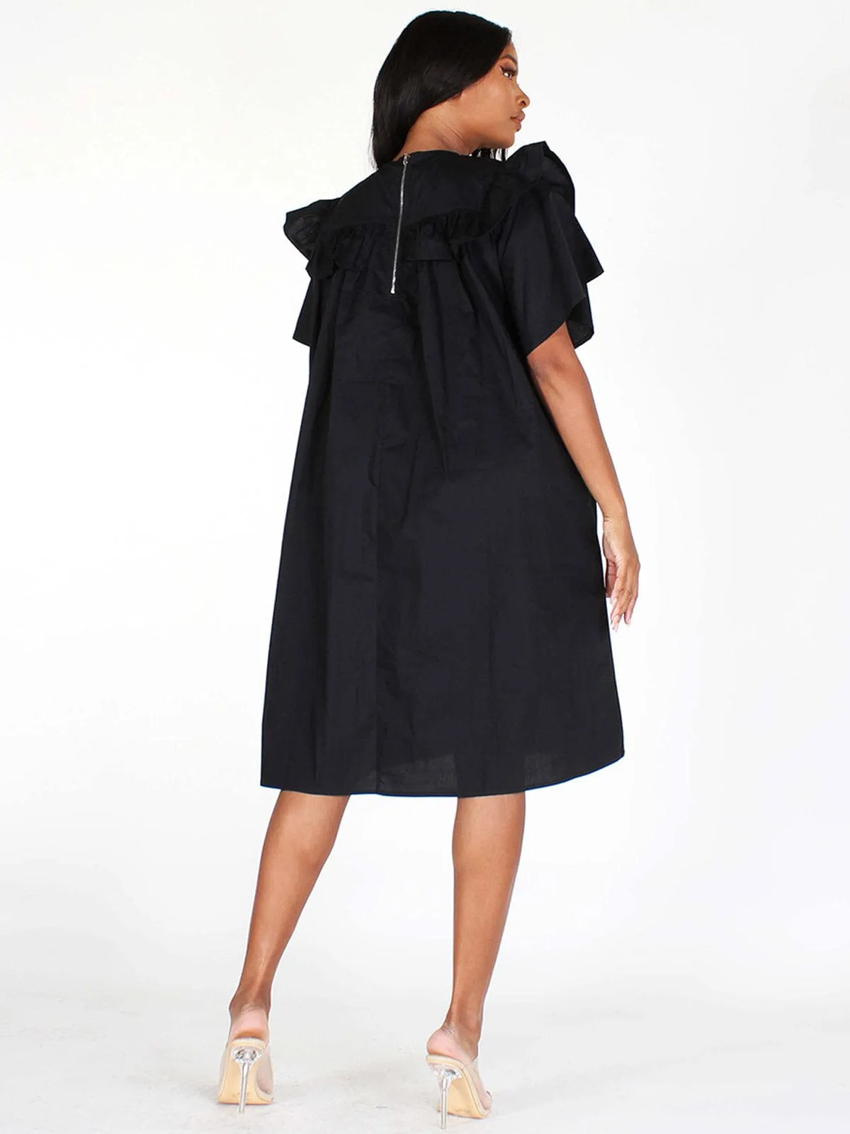 WOMEN'S SHORT SLEEVES POCKETS TUNIC MIDI DRESS