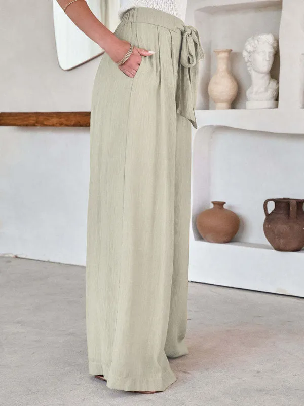 Women's Solid Color Drawstring Knot Wide Leg Trousers
