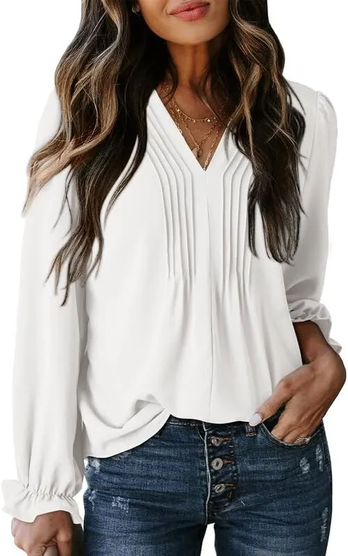 Womens Tops Casual Pleated V Neck Puff Long Sleeve T Shirts Loose Tunic Business Blouse