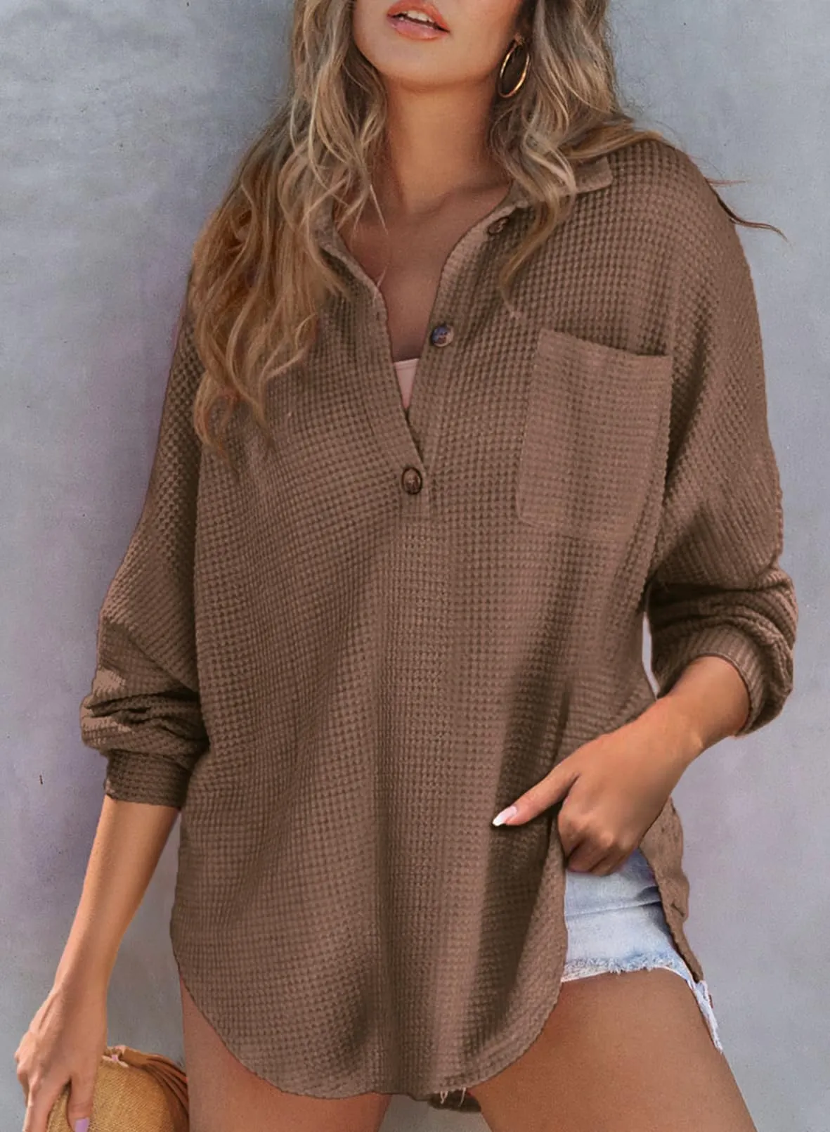Women's Waffle Knit Long Sleeve Sweatshirt (Buy 2 Free Shipping)