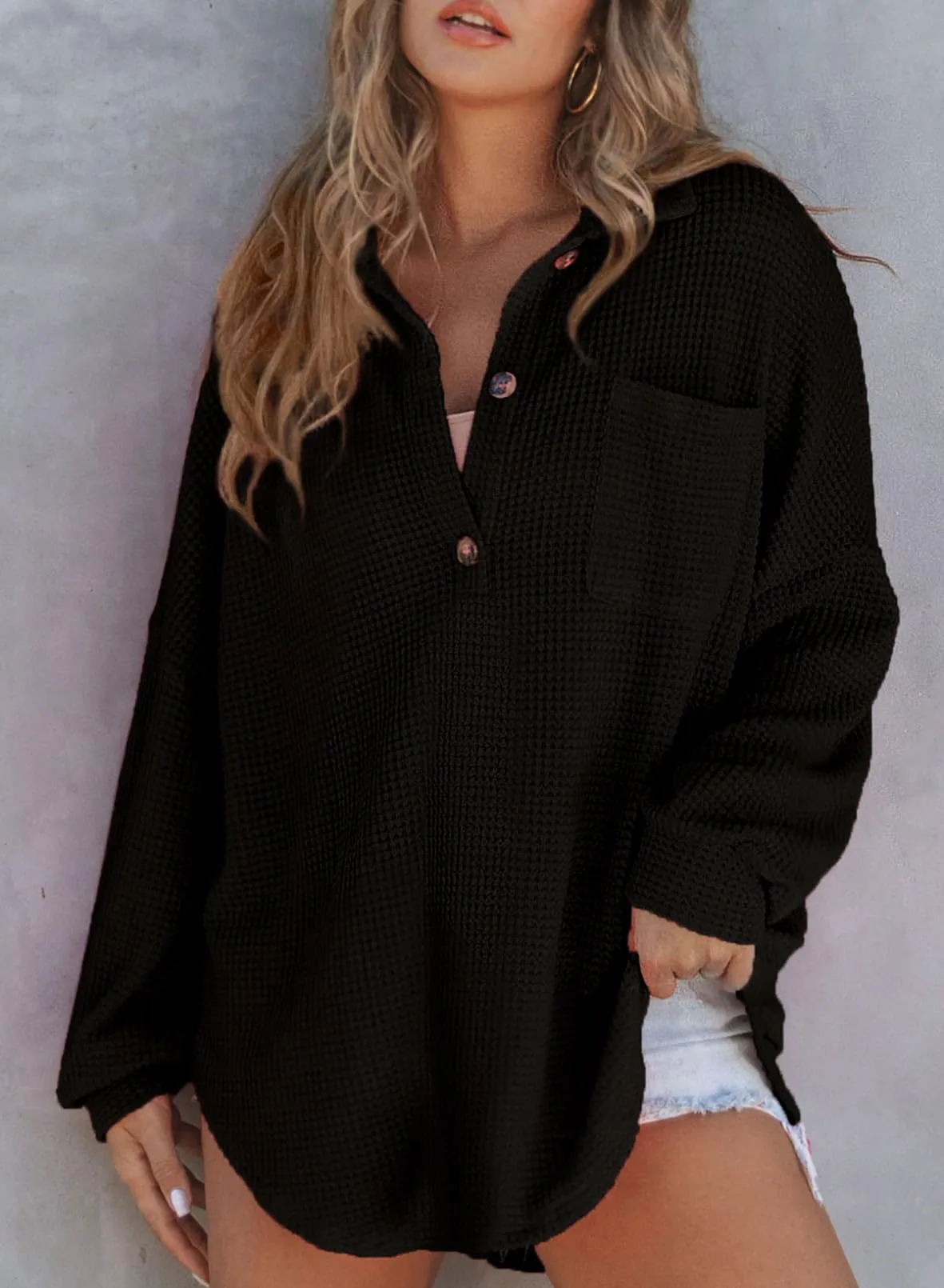 Women's Waffle Knit Long Sleeve Sweatshirt (Buy 2 Free Shipping)