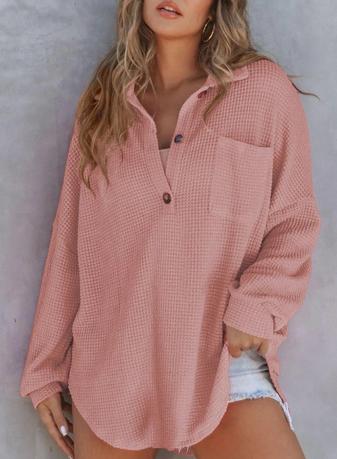 Women's Waffle Knit Long Sleeve Sweatshirt (Buy 2 Free Shipping)