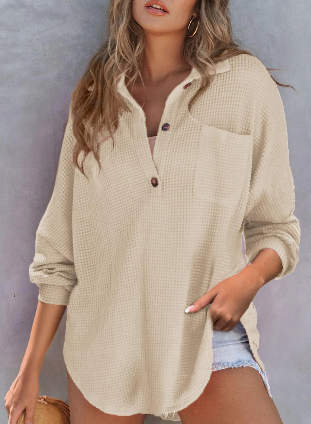 Women's Waffle Knit Long Sleeve Sweatshirt (Buy 2 Free Shipping)