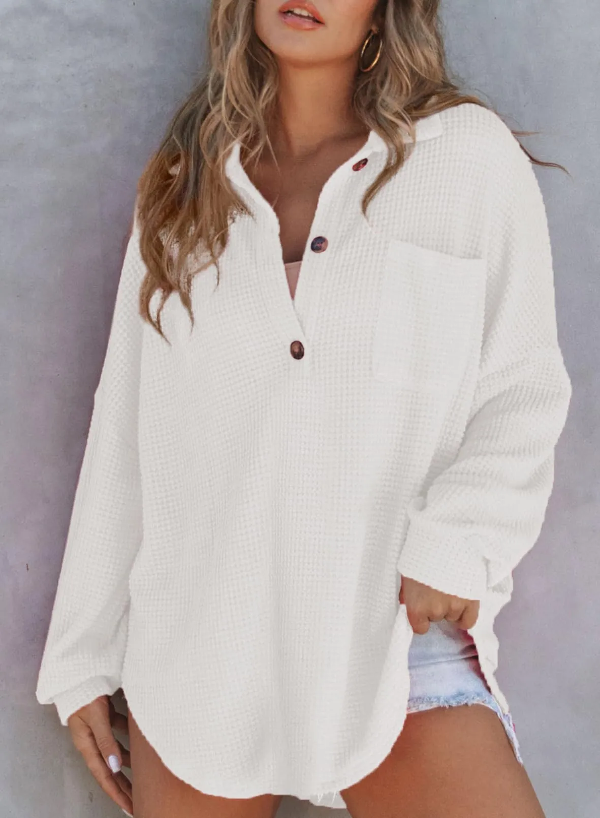 Women's Waffle Knit Long Sleeve Sweatshirt (Buy 2 Free Shipping)