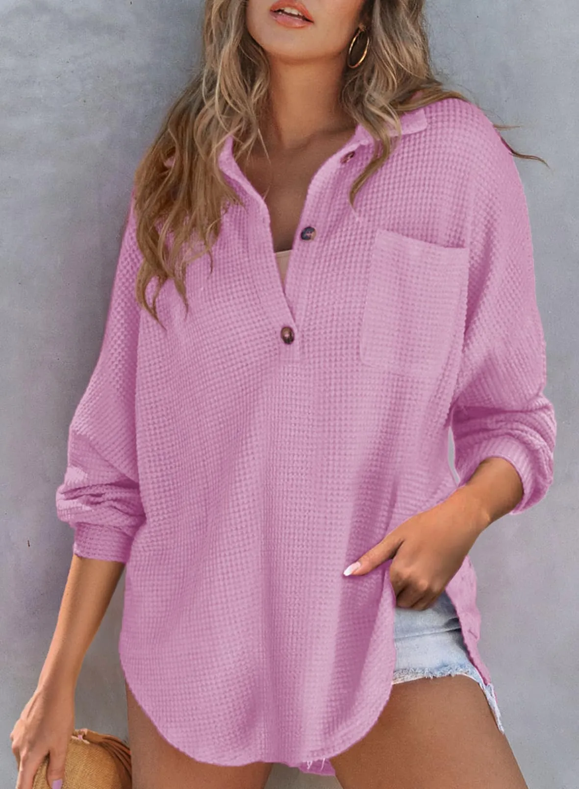 Women's Waffle Knit Long Sleeve Sweatshirt (Buy 2 Free Shipping)