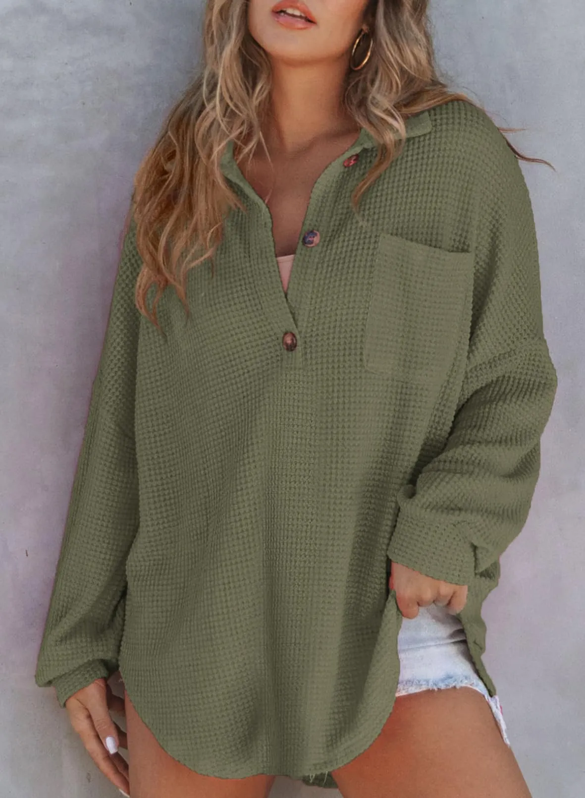 Women's Waffle Knit Long Sleeve Sweatshirt (Buy 2 Free Shipping)